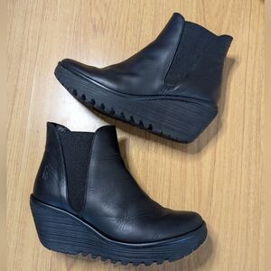 Fly London Black Leather Wedge Ankle Boots Size 37